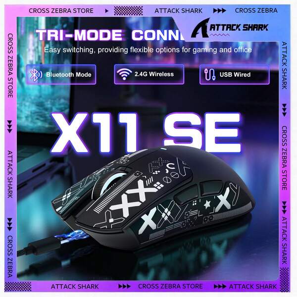  Chuột chơi game không dây siêu nhẹ ATTACK SHARK X11SE, 59g, ba chế độ kết nối Bluetooth/2.4G không dây/có dây, cảm biến chơi game PixArt PAW3311, độ phân giải 22000 DPI, chuột văn phòng cho PC, quà tặng năm mới 2026, quà tặng ngày lễ - Màu đen/ trắng/ đỏ/ hồng & băng dính.