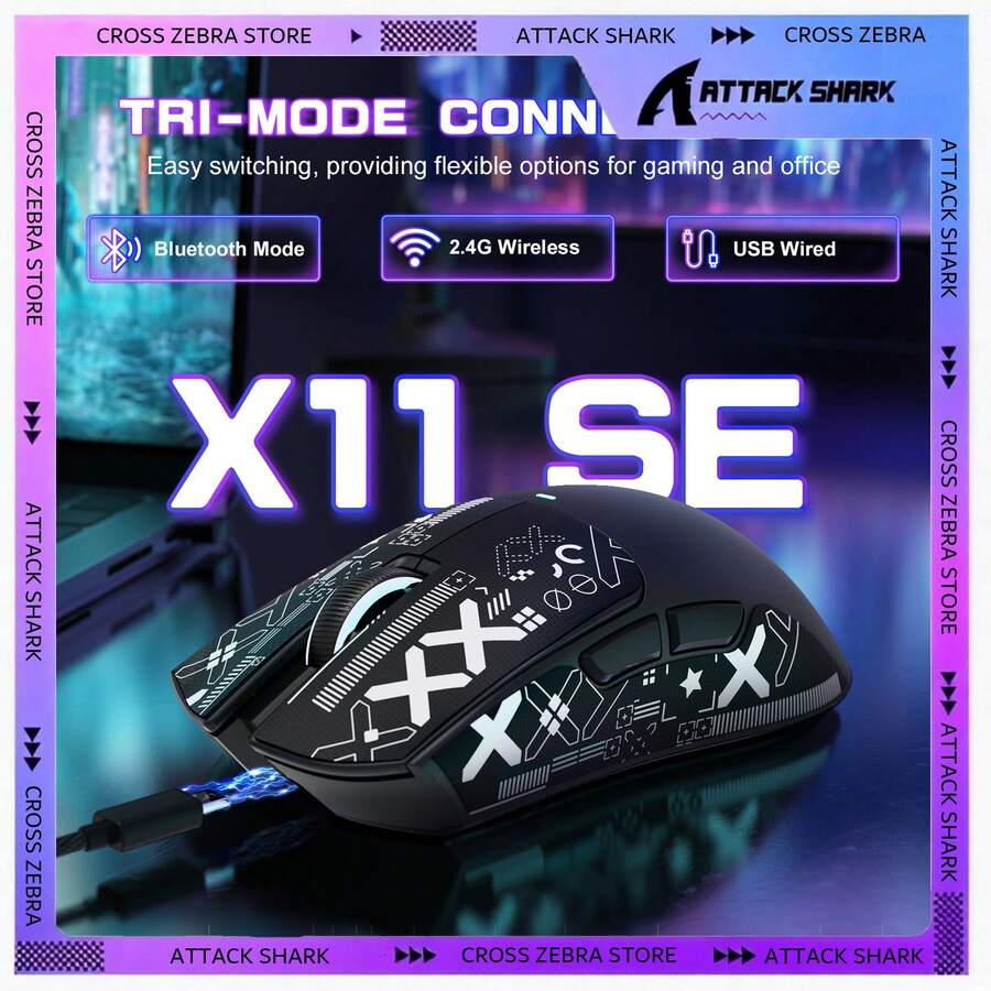 Chuột chơi game không dây siêu nhẹ ATTACK SHARK X11SE, 59g, ba chế độ kết nối: không dây BT/2.4G/có dây, cảm biến chơi game PixArt PAW3311, độ phân giải 22000 DPI, chuột văn phòng cho PC, quà tặng năm mới 2026, quà cho trẻ em, quà ngày lễ - Màu đen/ trắng/ đỏ/ hồng & băng dính.