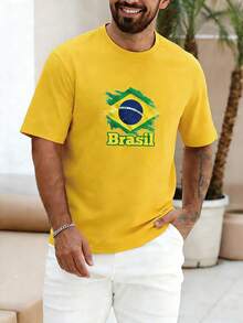 男士巴西国旗图案T恤 | 巴西国旗印花圆领短袖T恤 休闲足球迷上衣 - 黃色 - 查看 1