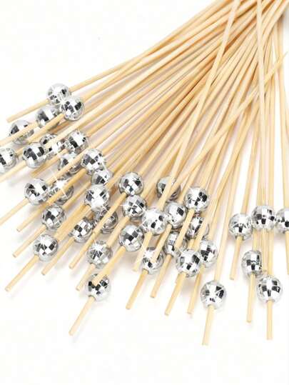 100 piezas Palillos para cócteles con bola de discoteca plateada, palillos decorativos, pinchos largos de madera, suministros para fiestas, decoración festiva, fiesta elegante, adecuado para cumpleaños, Día de San Valentín, fiestas, bodas o aniversarios, Día de la Madre, Acción de Gracias, Año Nuevo, Pascua, Día de las Solteras, etc.