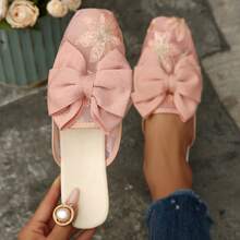 Women's New Mesh Bow Slip-On Mules, Flat Sandals, Slouchy Fairy Style Slippers - Pink - View 1
