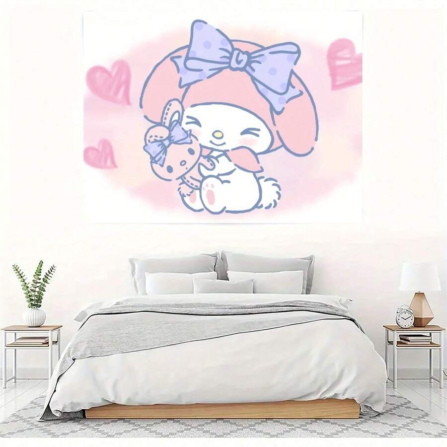 SANRIO 1件 Melody 抱着小兔子玩偶 - 可爱动漫卡通人物挂毯，可爱风格，少女心卧室背景，学生宿舍装饰，桃皮绒材质，触感柔软细腻，节日促销 - 彩色 - 查看 1
