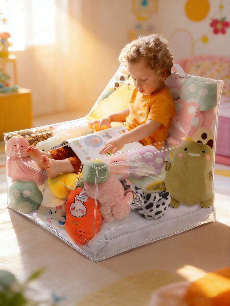 1个大容量沙发收纳袋，透明娃娃及娃娃坐垫套，可水洗耐用大容量PVC毛绒动物收纳凳，带柔软坐垫，多功能节省空间凳，适用于卧室、客厅及节日礼物，耐用家居装饰，娃娃收纳，游戏室收纳盒，透明设计，结构坚固（不含毛绒玩具）