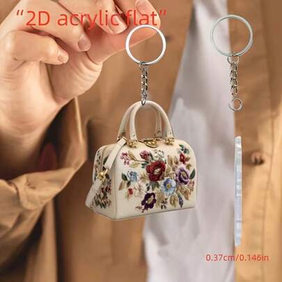 2D Flat - Single 2D Acrylic Beige Handbag Charm Keychain | Floral Embroidery, Suitable For Bags And Gifts, Iron Alloy Ring Buckle &Fashion &  &Luxury Chic Design &Delicate Floral Embroidery &Valentine's Gift