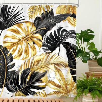 Tropical Palm Shower Curtain, Black Gold Banana Leaves Monstera Botanical White Marble Jungle Rainforest Plant With Plastic Hooks, Waterproof Toilet Accessories Decor,Bathroom Decor And Accessories,Room Decor,Perfect For Home, Hotel, Vacation, Gift