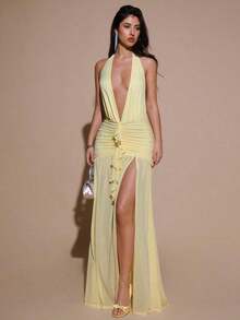2026 Dresses For WomenBAE Sexy Minimalist Solid Yellow Cream Deep V-Neck Halter Bodycon Ruched Fitted Women's Maxi Mesh Dress, Suitable For Party, Cocktail, Formal Occasions, Bridesmaid, Birthday, Business Casual, Elegant Women Maxi Dress,Valentine's Day,Valentine Fits For WomenLoose And Comfortablevestidos - 淡黃色 - 查看 5