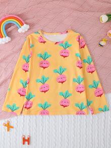 2pcs/Set Girls' Casual Cute Carrot Cartoon Print Crew Neck Long Sleeve Sweatshirt And Pants Sleepwear Set, Flame Retardant, All Season - Ginger - View 3