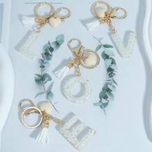 Shiny Marble Texture Uppercase English Resin Letter Set (26 Letters), 18K Gold Plated Lobster Clasp Chain Flat Ring 3 Pieces Set, Fashionable & Casual, Can Be Used As Cup Chain, Bag Chain, Phone Hanging Chain, Perfect For Birthday, Christmas Gifts, Car Accessories, Bag Charms, Campus Style, Gothic Style, Y2K Style - Beige - View 7