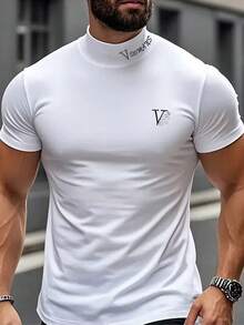 Men's Summer Versatile Mock Neck T-Shirt With Graphic Print, Suitable For Casual, Commute And Home Wear - White - View 1