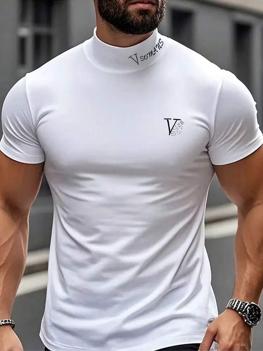 Men's Summer Versatile Mock Neck T-Shirt With Graphic Print, Suitable For Casual, Commute And Home Wear - White - View 1