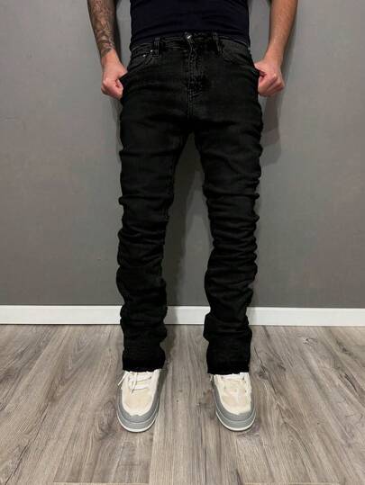 leev Skinny Stretch Denim Jeans, Versatile Streetwear Fashion Slim Fit Cotton Washed Denim Flare Leg Pants