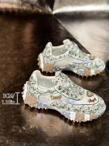 2026 Season New Rhinestone Shiny Women's Sneakers, Breathable Crystal Casual Flat Shoes, Fashionable Versatile Platform Party Shoes - Silver - View 2