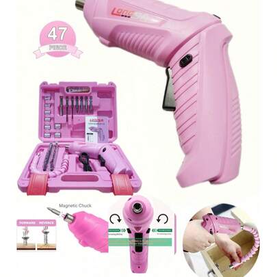 47件套可充电锂电池粉色无绳电动螺丝刀套装，带LED灯、旋转和照明功能，USB供电，冲击式电动工具套装，适用于家庭DIY项目，包含配件。电动螺丝刀，可充电无绳螺丝刀，大功率无绳螺丝刀，电钻式电动螺丝刀，迷你无绳电动螺丝刀套装，非手动工具，女士礼物