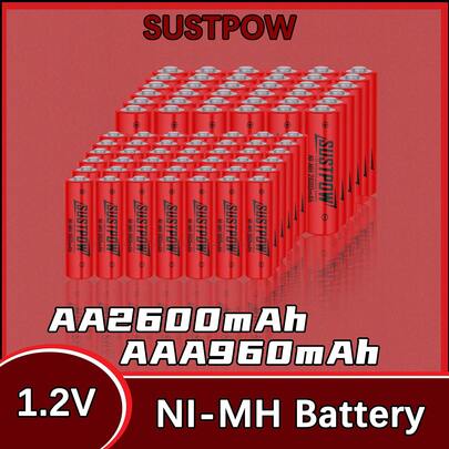 SUSTPOW Batería NI-MH AA de 2600mAh/AAA de 960mAh de gran capacidad, se puede cargar hasta 1200 veces, vida útil estable y potente. Disponible en una variedad de especificaciones para usar en diversos dispositivos electrónicos.