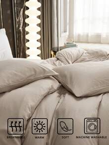 3件套米色纹理被套组 - 1个被套和2个枕套(不含填充物),柔软涤纶面料,透气且可机洗,舒适的米色床上用品 - 米色 - 查看 8