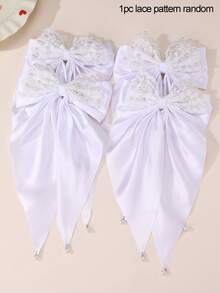 1件女士优雅法式白色蕾丝珍珠双层大蝴蝶结发夹，适合日常、节日、派对、婚礼、订婚、伴娘佩戴（蕾丝图案随机） - 白色 - 查看 2