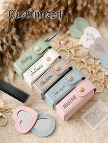 1pc Personalized Lipstick Keychain With Mirror, Customizable Name Lipstick Pouch, Bridesmaid Gift, Valentine's Day Gift - Multicolor - View 1