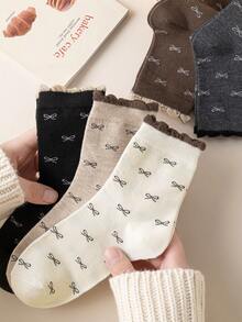 1/3/5/10 Pairs Women's Random Bow Solid Color Bubble Mouth Fashion Mid-Calf Socks, Soft Comfortable Breathable Versatile Cute Casual, Suitable For Daily Outings And Gatherings, All Seasons - Multicolor - View 5