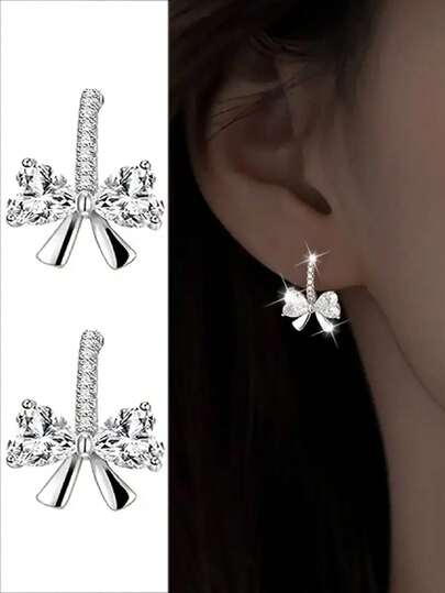 1 Pair S925 Sterling Silver Elegant Bowknot Stud Earrings, Women's Daily Wear Versatile Rhinestone Butterfly Earrings, Holiday Gift