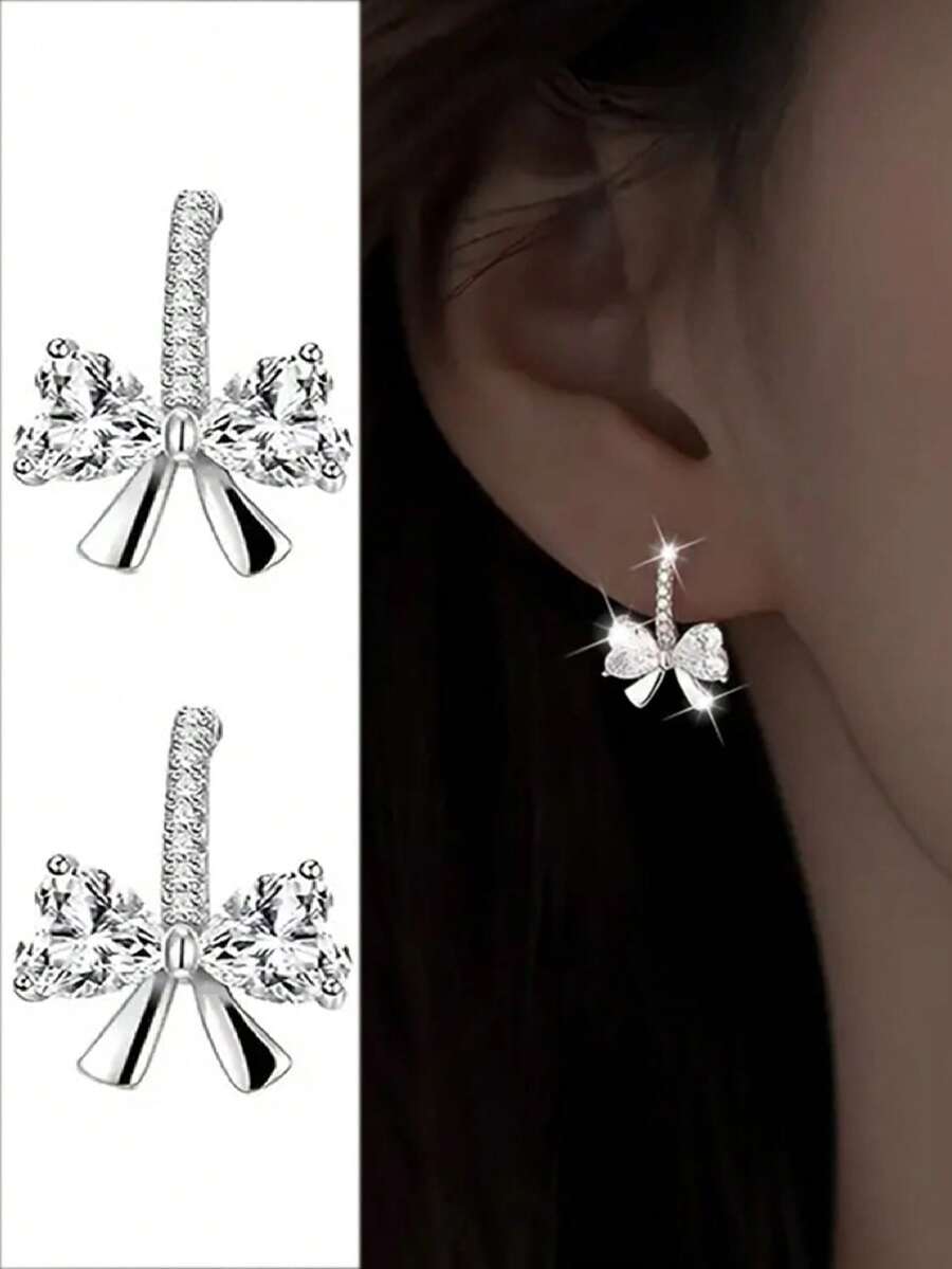 1 Pair S925 Sterling Silver Elegant Bowknot Stud Earrings, Women's Daily Wear Versatile Rhinestone Butterfly Earrings, Holiday Gift - Multicolor - View 1