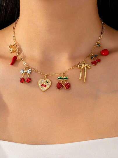 1 Pc Enameled Chilli Strawberry Cherry Charm Necklace, Elegant Golden Color Chain Choker With Fruit Charms, Heart & Bow Pendant, Fashionable Jewelry Gift For Women & Girls