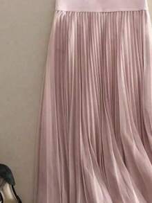 LuminousWealth Women's Elegant Pleated Mesh A-Line Skirt, Suitable For Casual Or Office Wear, Minimalist & Graceful | Polyester Mesh Skirt, Suitable For All Seasons, Great For New Year, Parties - Pink - View 5