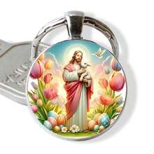 “复活节耶稣钥匙扣 - 2D 平面玻璃时光宝石，带有复活蛋和羔羊图案，复活节基督教宗教礼物，他已复活纪念品” - 彩色 - 查看 6