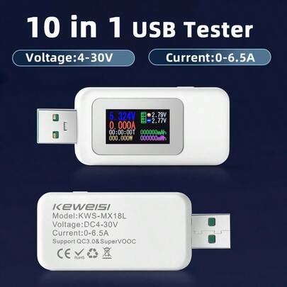 10-In-1 USB Tester, DC Digital Voltmeter Ammeter Voltage Current Meter Power Bank Charging Indicator