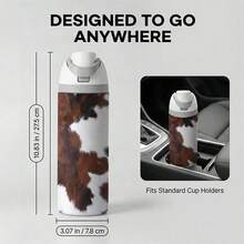 [Local Warehouse] 1 Pc 24oz Insulated Stainless Steel Water Bottle, Realistic Brown And White Cowhide Print, Western Rustic Style Animal Skin Pattern For Ranchers And Farmers, Aesthetic Cowboy Gear For Valentines Day Gifts. - 1PC - View 3