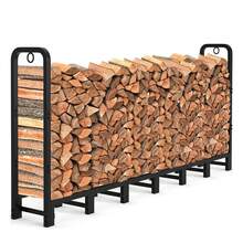 Estante de madera de metal de 8 pies, estante ajustable para madera de fuego con 2 anillos de bloqueo, soporte para troncos interiores y exteriores, soporte de leña resistente, soporta hasta - Negro - Ver 8