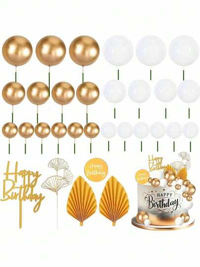 1 Set Gold Cake Decorations, Including Gold Cake Decorative Fan, White & Gold Foam Ball Cake Decorations, Happy Birthday Cake Topper, Suitable For Gold Theme Birthday Cakes And Gender Reveal Cakes