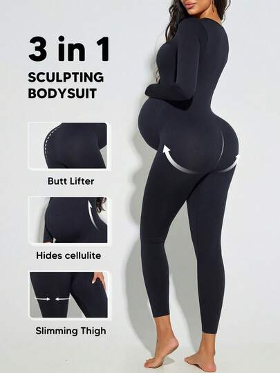 孕妇纯色高弹力可扩展腹部圆领长袖连体衣