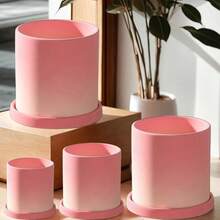 Nordic Gradient Pink & Red Ceramic Planter With Drainage Hole, Round Succulent Pot With Tray, Breathable Flower Pot - Flowerpot - View 3