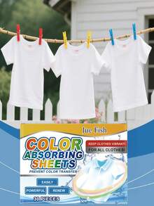 JUE FISH Pacote com 30 folhas absorventes anti-manchas para lavanderia. Protegem as roupas contra transferência de cor, removem manchas de óleo e sujeira, mantendo-as com aparência de novas. Não irritantes, adequadas para uso doméstico. Absorvem moléculas de corantes livres na água. Penetra profundamente nas fibras do tecido, decompondo e removendo manchas difíceis com eficácia, deixando as roupas brilhantes e com aspecto de novas. - Folhas antimanchas para roupas que absorvem a cor - Ver 3