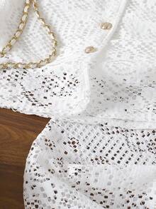 2pcs/Set Big Girls Casual Vacation Style Hollow Out Fabric Sleeveless Crop Top & White Long Pants Suit, Summer - White - View 6