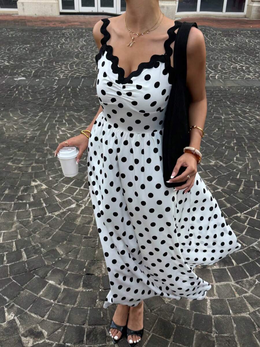 女士波点褶皱休闲度假约会长款吊带连衣裙 - 黑與白 - 查看 1