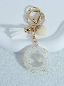 Shiny Marble Texture Uppercase English Resin Letter Set (26 Letters), 18K Gold Plated Lobster Clasp Chain Flat Ring 3 Pieces Set, Fashionable & Casual, Can Be Used As Cup Chain, Bag Chain, Phone Hanging Chain, Perfect For Birthday, Christmas Gifts, Car Accessories, Bag Charms, Campus Style, Gothic Style, Y2K Style - Beige - View 15