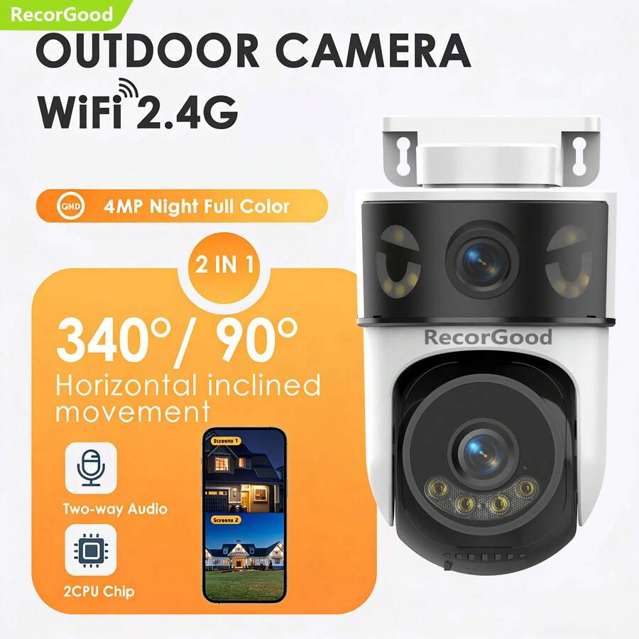 RecorGood 1 pezzo Telecamera di WiFi impermeabile 1080P, audio bidirezionale, rilevamento automatico AI, adatta per interni/esterni, cortile, ingresso, retro, negozio e altri scenari - Bianco - Visualizzare 1