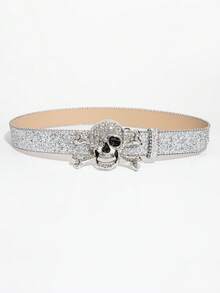 1pc Men's Silver Skeleton Y2K Punk Glitter Casual Belt, Versatile Jeans Belt For Daily Wear - Silver Glitter Skull - View 2