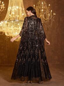 SUPGIR [Random Print] Women's Long Sleeve Sequin Patchwork Waist Tie Evening Dress - Black - View 2