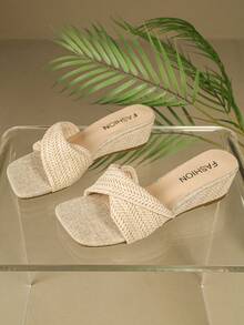 女士复古编织厚底露趾单带凉拖鞋，休闲度假沙滩高跟拖鞋，夏季 - 米色 - 查看 9