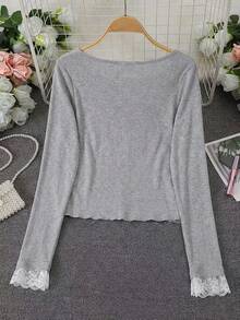 女士秋冬蕾丝边V领长袖修身吊带背心，灰色春季款 - 淺灰色 - 查看 5