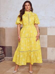 Simplee Plus Size Women's Spring/Summer New Elegant Floral Embroidery Decor Short Sleeve Ruffle Patchwork Maxi Dress, Suitable For Party And Wedding - Yellow - View 2