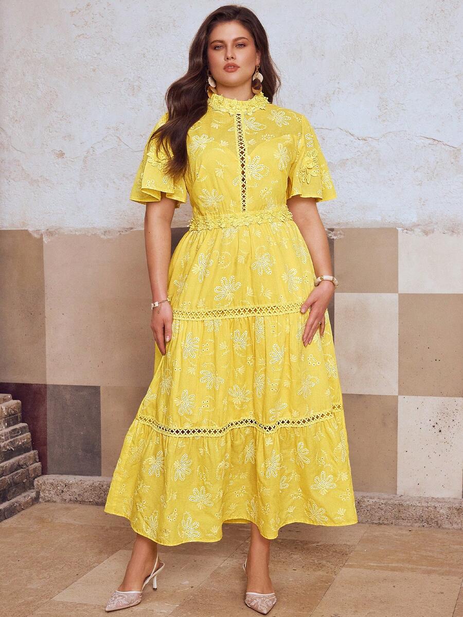 Simplee Plus Size Women's Spring/Summer New Elegant Floral Embroidery Decor Short Sleeve Ruffle Patchwork Maxi Dress, Suitable For Party And Wedding