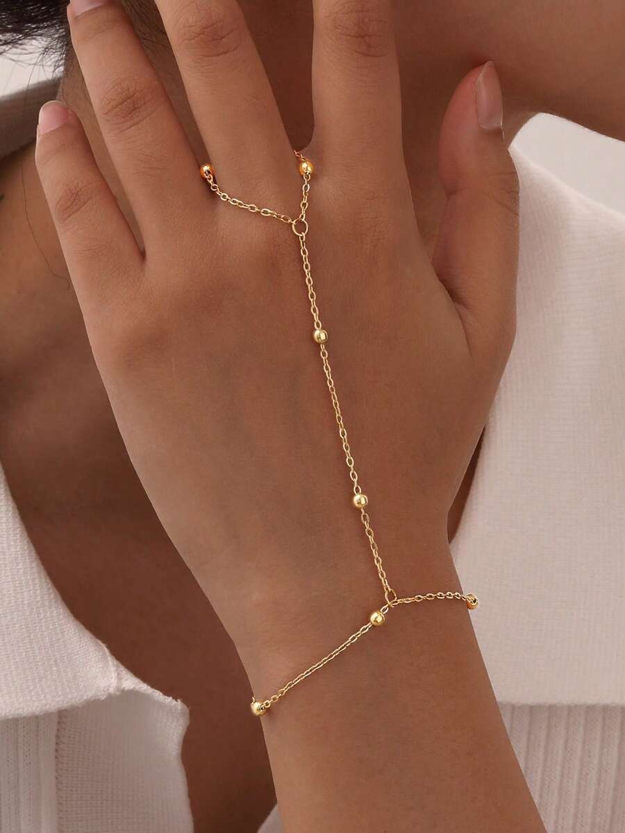 1pc Women's Pearl Chain Finger Ring, Minimalist Fashion Bridal Wedding Hand Decor, Versatile Accessory - Gold - View 1