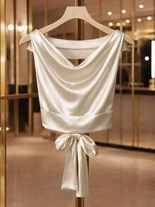 Áo croptop cổ yếm bằng satin màu sâm panh dành cho nữ, áo kiểu không tay cổ đổ, áo hai dây thanh lịch cho dự tiệc và hẹn hò, áo mùa hè, trang phục lễ hội cho nữ, áo dự tiệc, áo kiểu thường ngày cho nữ, trang phục đi nghỉ mát, áo công sở cho nữ. - Màu be - Xem 6