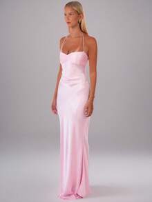 2026 New Arrival Women's European American Summer Dress - Sexy Strapless Sequin Satin Solid Color Backless Tie Hip-Hugging Long Dress - Hồng - Xem 4