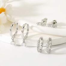 3 Pairs Zirconia Earrings Set, 1 Pair Studs + 1 Pair Clip-Ons + 1 Pair Dangle Earrings, Light Luxury Simple Style, Mix & Match Wearable - Multicolor - View 4