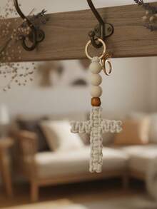 1/2/4pcs Handmade Macrame Cross Keychains With Wooden Beads, Suitable For Women, Ideal As Baptism Guest Gifts, Handcrafted Cross Keychain Gifts, Boho Style Woven Cotton Rope Keychains With Wooden Beads, Christian Baptism Easter Birthday Religious Gifts, Communion Confirmation Party Decor Religious Souvenirs - Multicolor - View 8