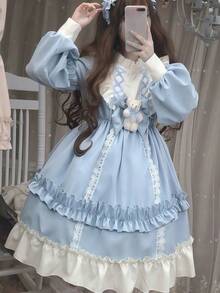 1 chiếc váy kiểu Lolita ngọt ngào dễ thương kiểu Nhật Bản dành cho bé gái, phụ kiện trang phục cosplay phù hợp cho các bữa tiệc và buổi biểu diễn, bao gồm váy + nơ hình gấu bông (gấu bông được tặng ngẫu nhiên) Mùa xuân - Nhiều màu - Xem 2